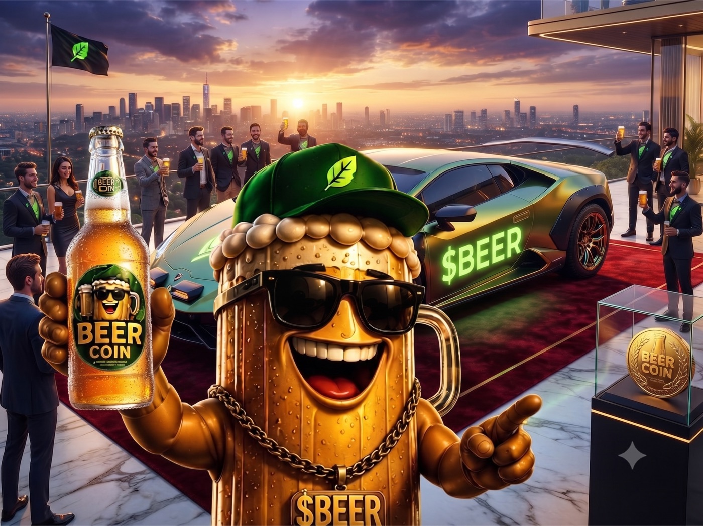 BeerCoin rooftop party — the gold $BEER mascot with a bottle, a $BEER Lamborghini and a trophy coin